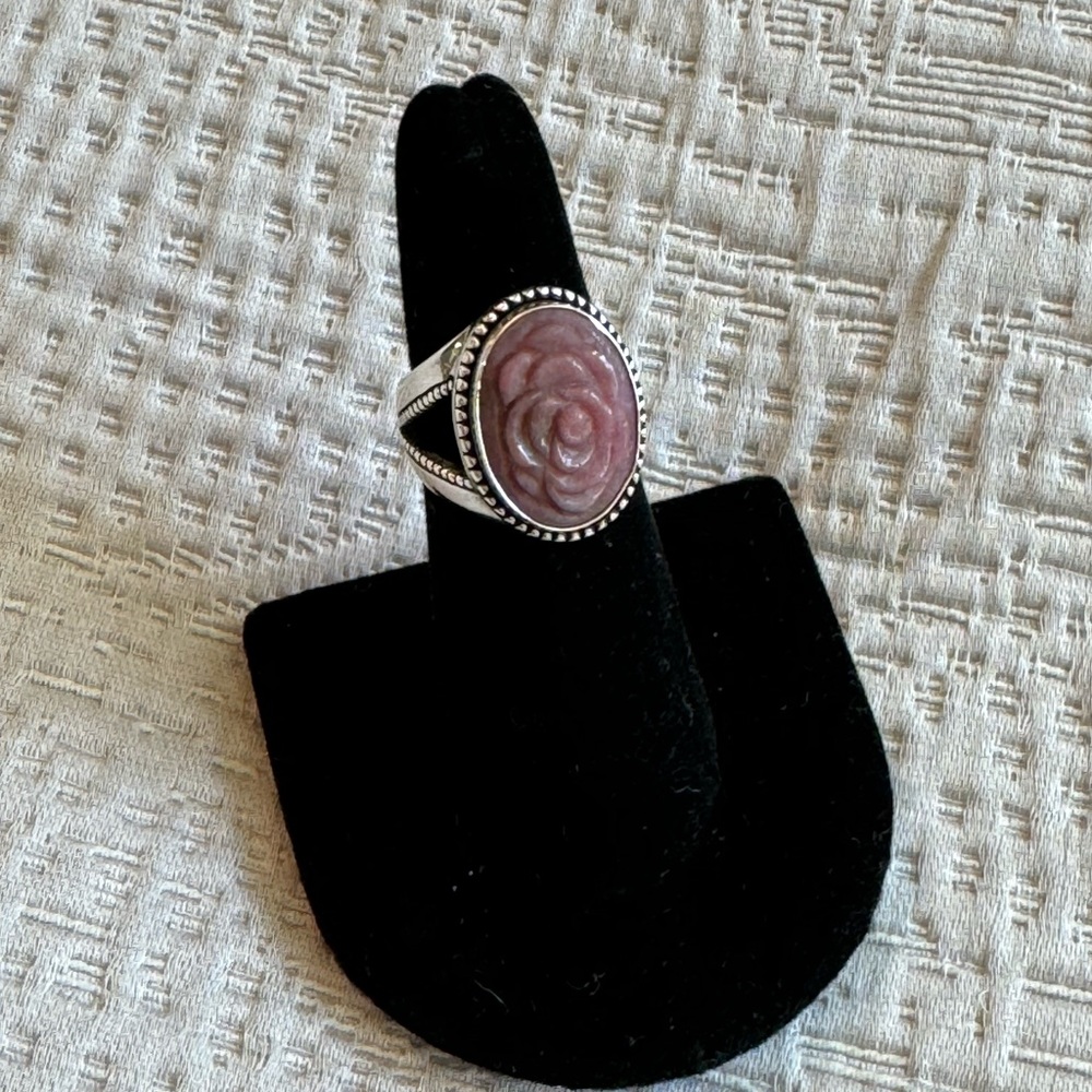 Carved Rhodochrosite flower sterling silver ring size 6